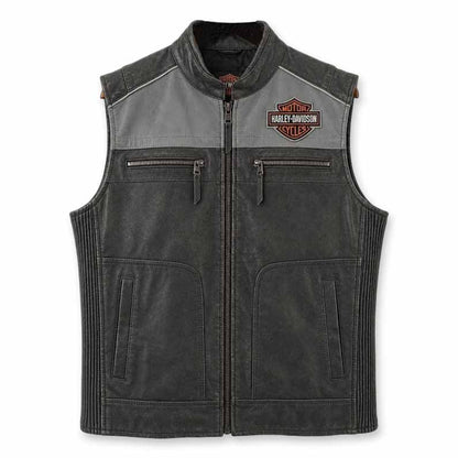 Men's Black and Gray Genuine Leather Harley Davidson Biker Vest with Side Stretch Panels