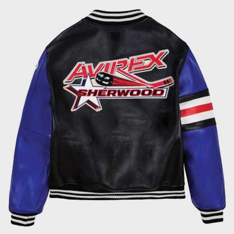 Back embroidery detail of Sherwood style leather bomber jacket