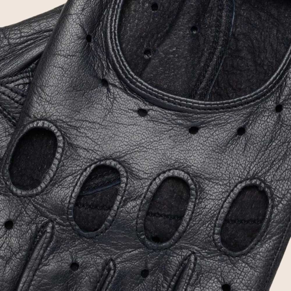 Close-up of a black leather glove with finger holes