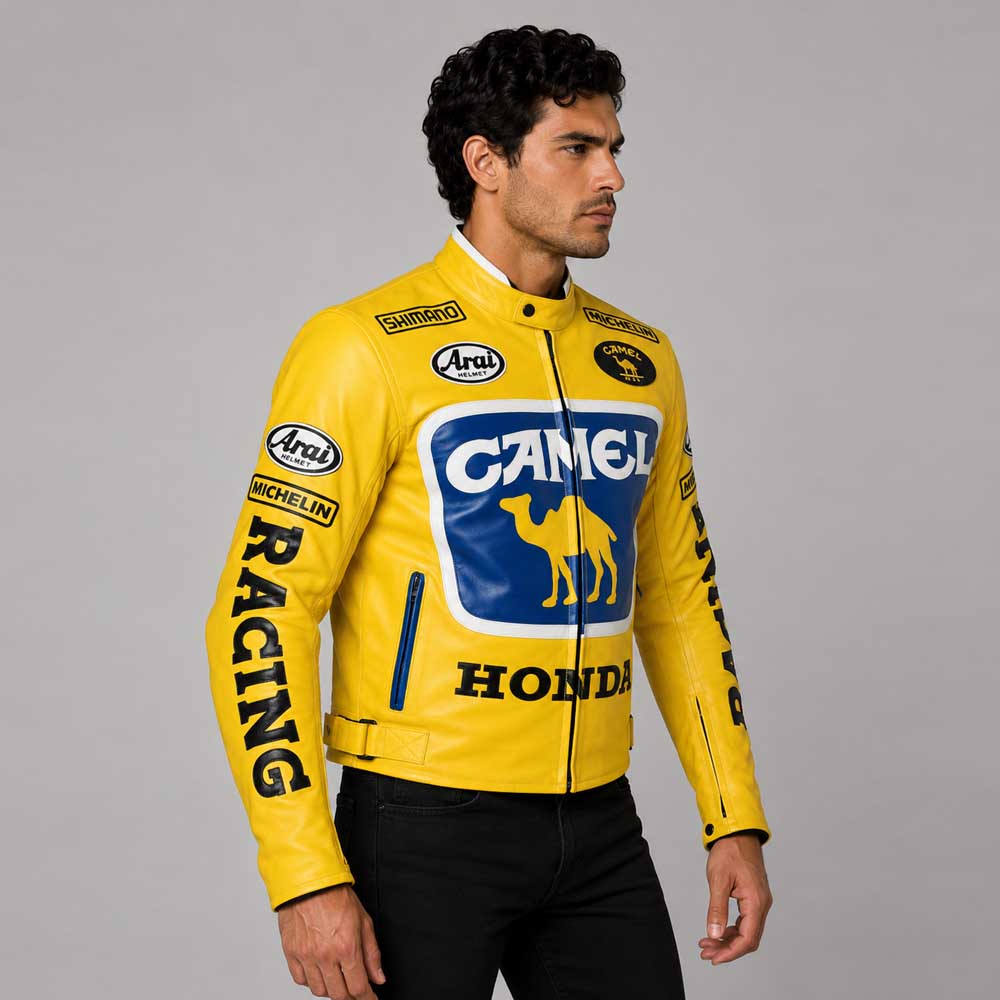 ★HONDA ホンダ ライダースジャケット　キャメルM★ Mens Honda Camel Racing Motorcycle Yellow Leather Jacket