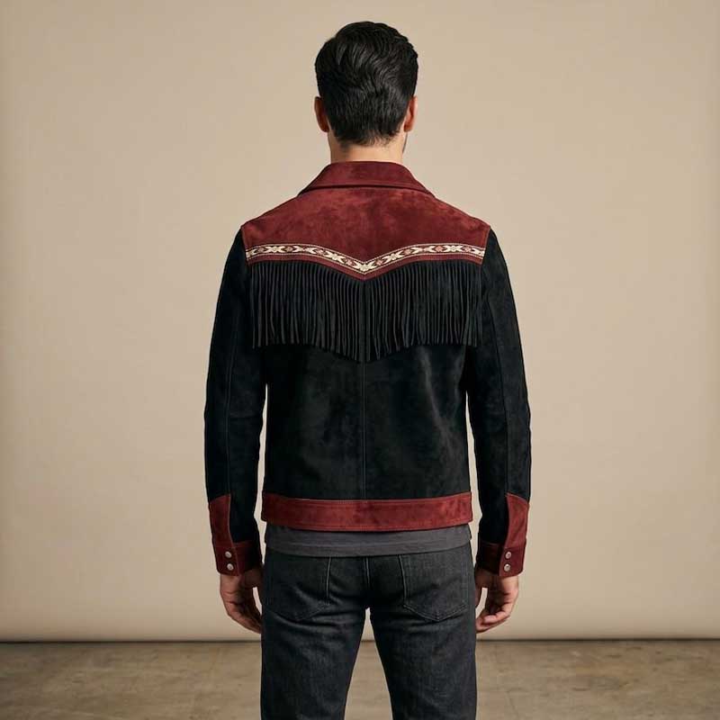 Black Burgundy Suede Fringe Western Jacket