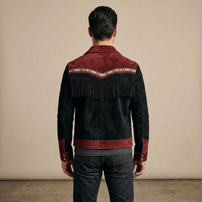 Black Burgundy Suede Fringe Western Jacket