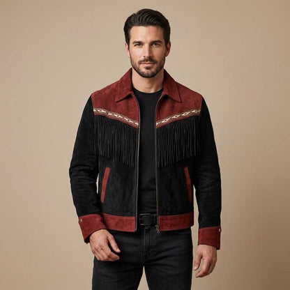 Black Burgundy Suede Fringe Western Jacket