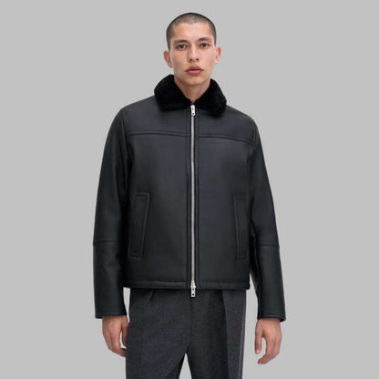 mens black leather winter jacket with faux fur collar