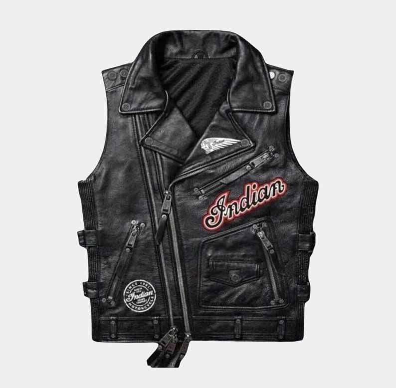 premium black cowhide leather Indian Motorcycle biker vest