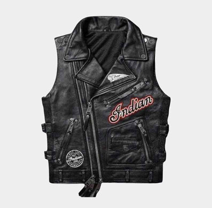 premium black cowhide leather Indian Motorcycle biker vest