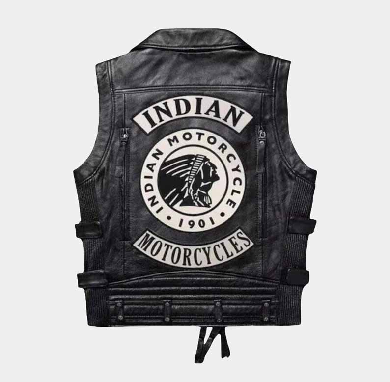 Black Indian Motorcycle vest made from genuine cowhide leather with YKK zipper