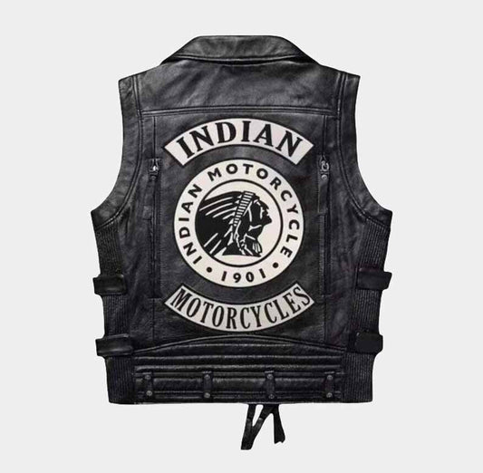 Black Indian Motorcycle vest made from genuine cowhide leather with YKK zipper - 3amoto shop
