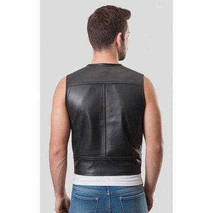 Men’s Black Leather Biker Vest Sleeveless Jacket