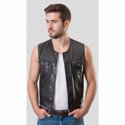 Men’s Black Leather Biker Vest Sleeveless Jacket