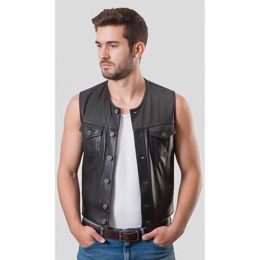 Men’s Black Leather Biker Vest Sleeveless Jacket - 3amoto shop