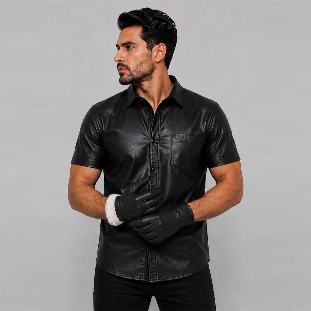 Premium black leather glove with soft faux fur lining for winter comfort