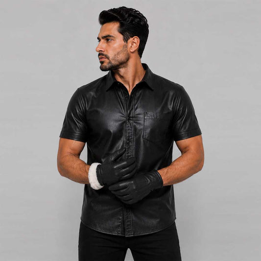 Premium black leather glove with soft faux fur lining for winter comfort - 3amoto shop
