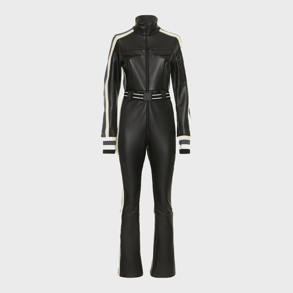 Black Leather Jumpsuit for Women with Contrast Strips