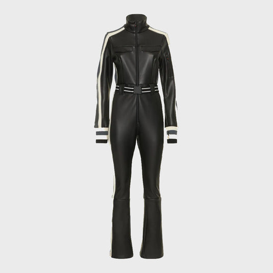 Black Leather Jumpsuit for Women with Contrast Strips - Fashion Leather Jackets USA - 3AMOTO