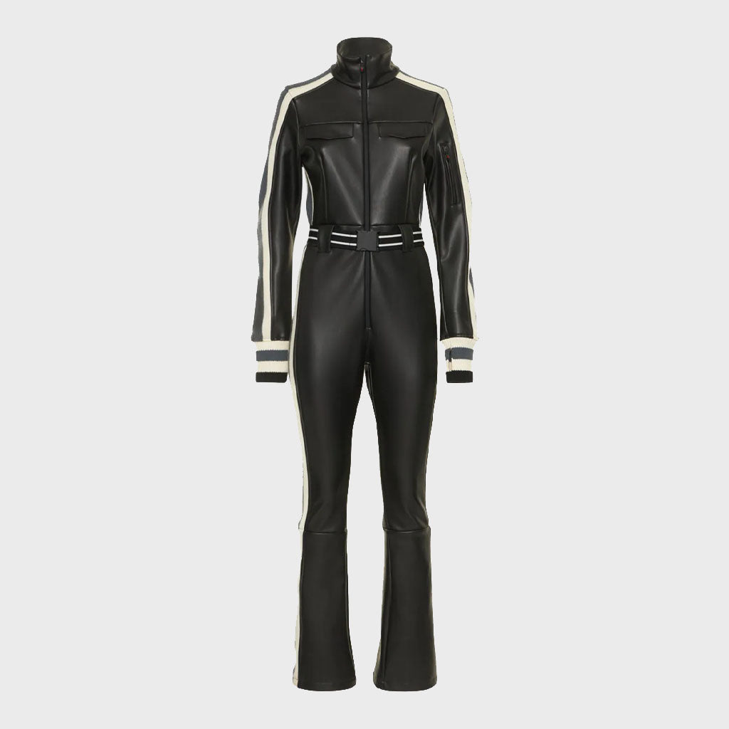 Black Leather Jumpsuit for Women with Contrast Strips