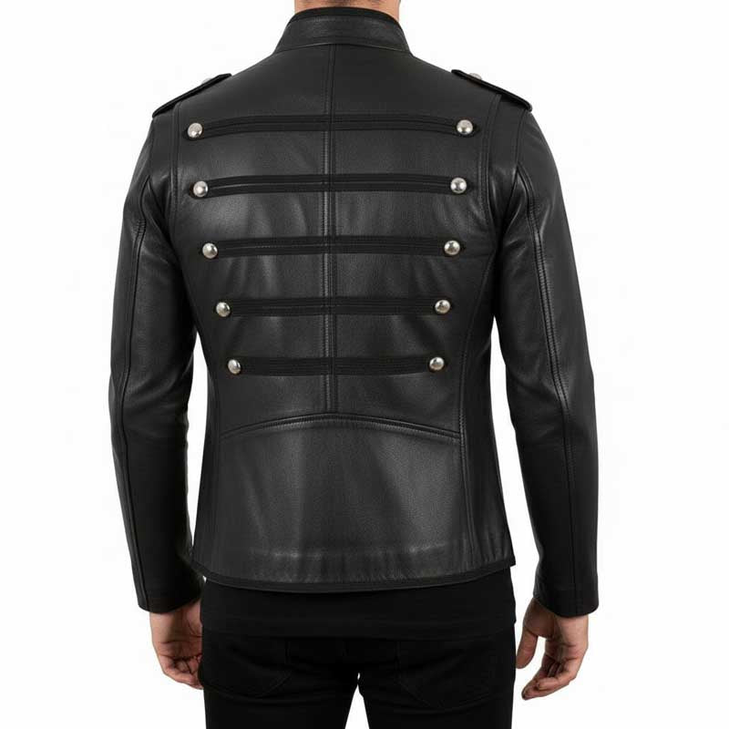 Men’s black leather military-inspired jacket with classic styling