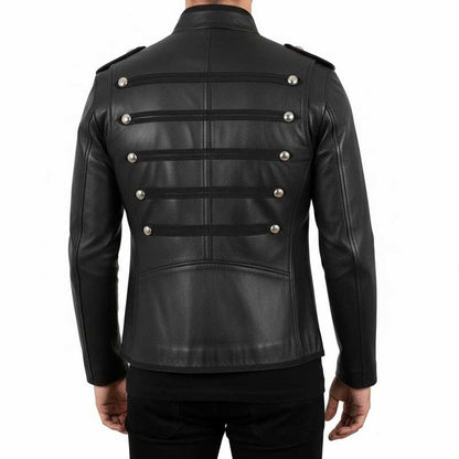 Men’s black leather military-inspired jacket with classic styling