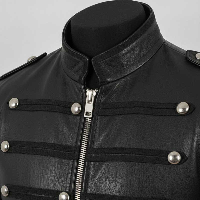 Close-up of full-grain leather texture on black military jacket