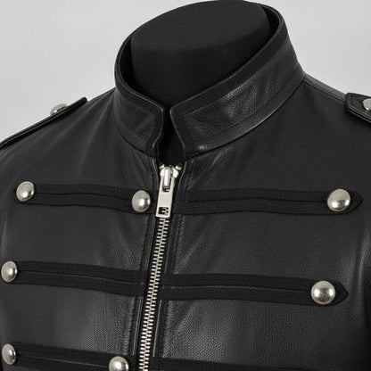 Close-up of full-grain leather texture on black military jacket