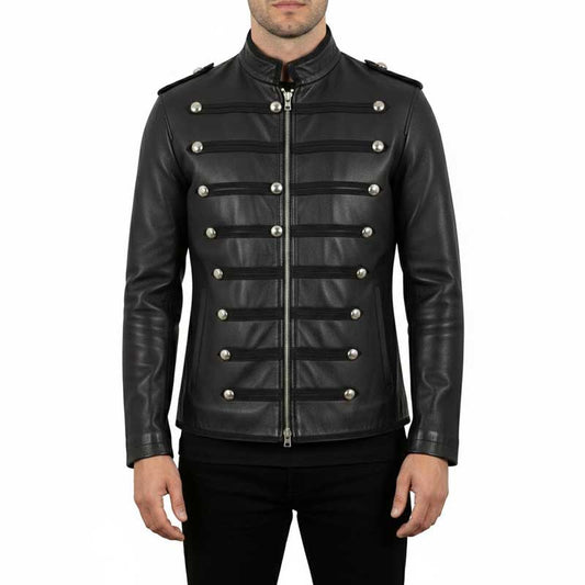 Black full-grain leather Harington military jacket for men - 3amoto shop