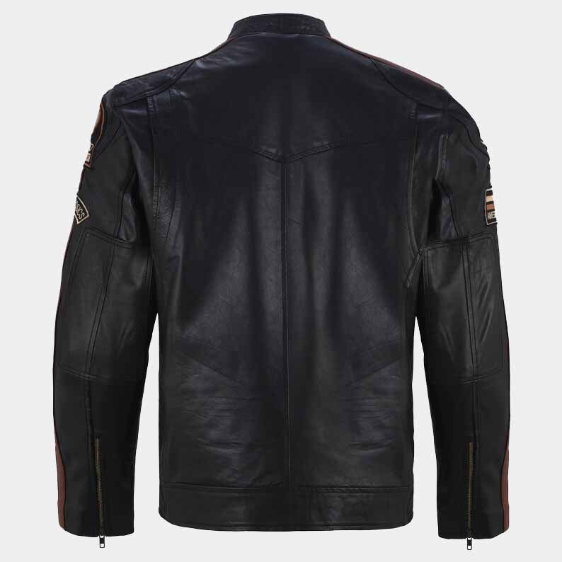black cafe racer leather jacket with racing sleeve stripes