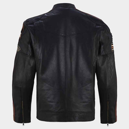 black cafe racer leather jacket with racing sleeve stripes