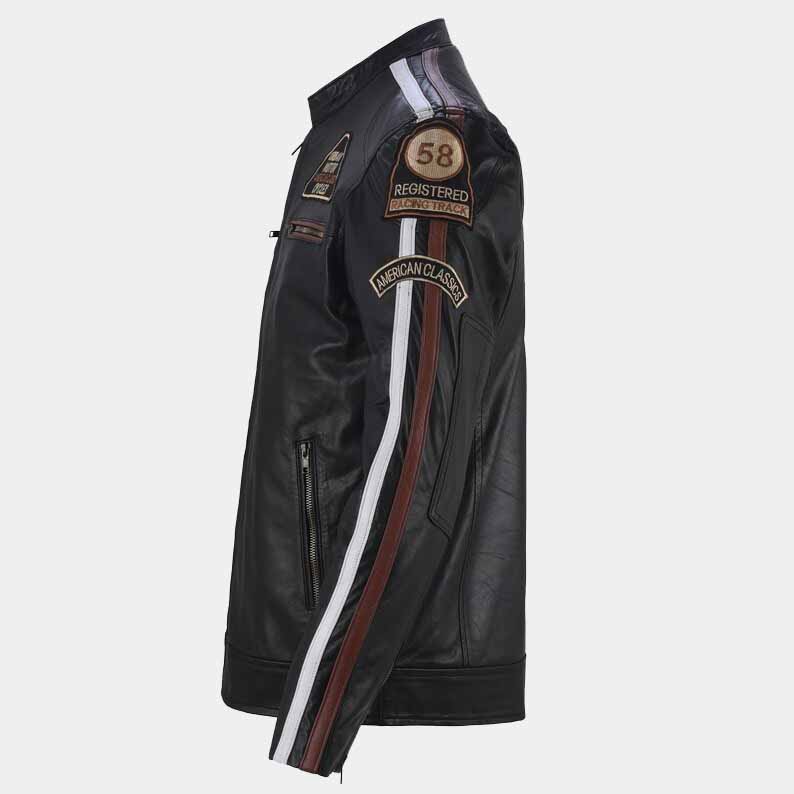 Premium black leather biker jacket with embroidered racing patches