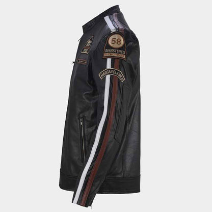 Premium black leather biker jacket with embroidered racing patches