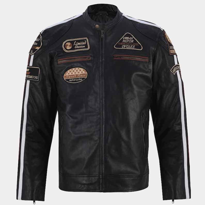American Classic Motors men's black sheepskin leather racing jacket with embroidered patches
