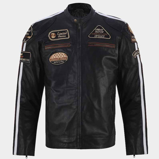 American Classic Motors men's black sheepskin leather racing jacket with embroidered patches - 3amoto shop