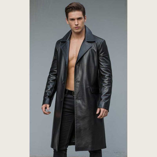 Men’s Black Leather Trench Coat Gothic Matrix Style - 3amoto shop