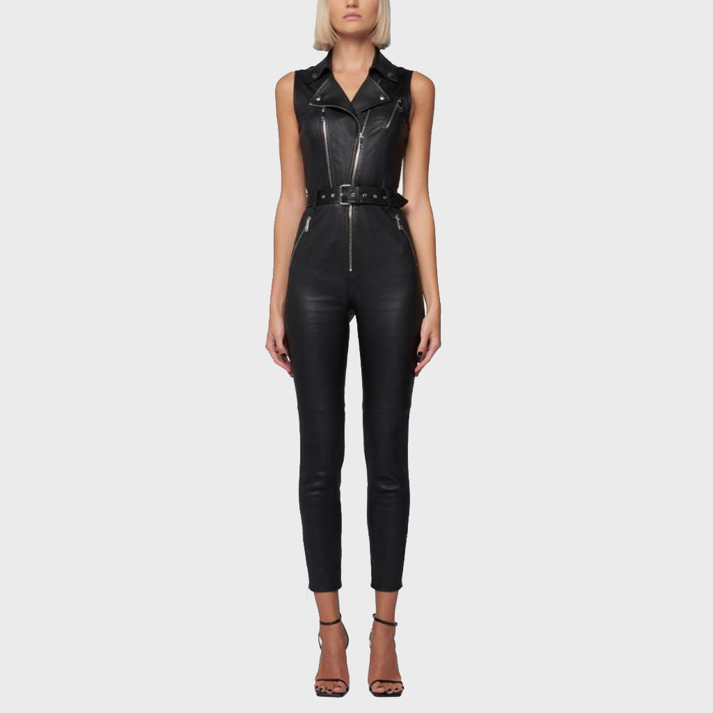 Stylish Black Moto Leather Jumpsuit for Women