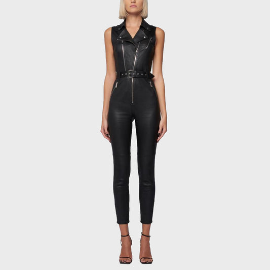 Stylish Black Moto Leather Jumpsuit for Women - Fashion Leather Jackets USA - 3AMOTO