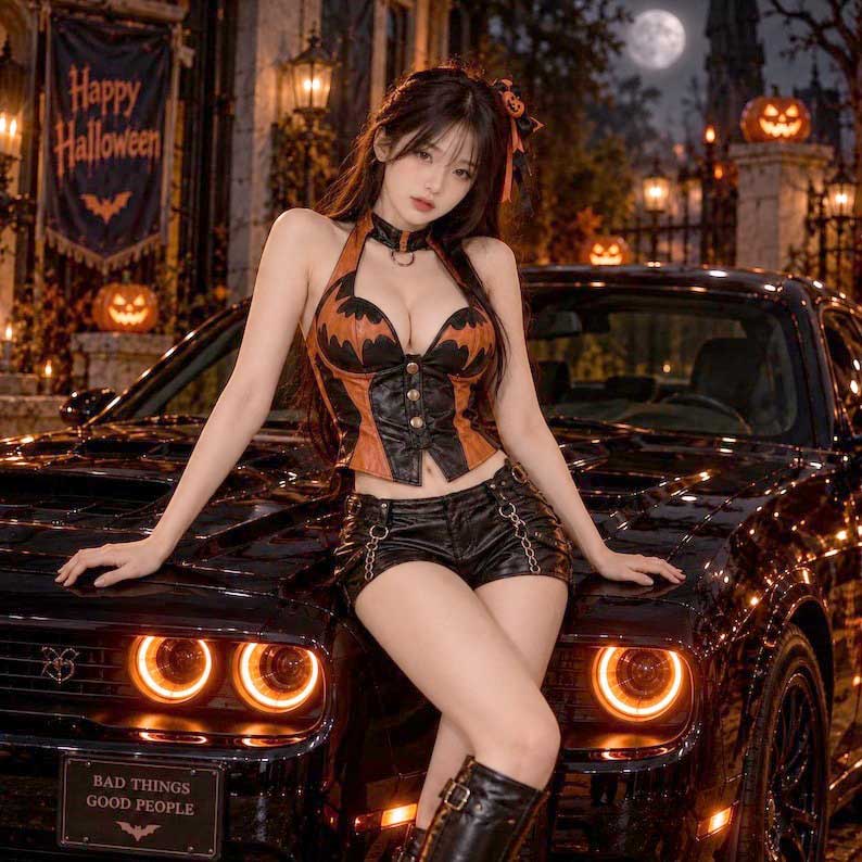 Black orange gothic leather halter vest with lace-up corset back