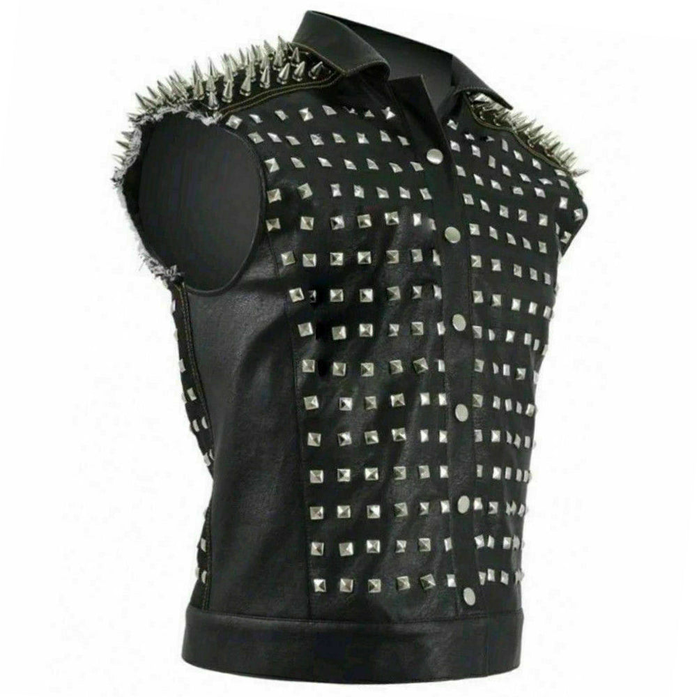 Black Punk Rock Cowhide Biker Leather Vest with Silver Spikes