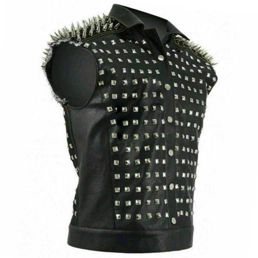 Black Punk Rock Cowhide Biker Leather Vest with Silver Spikes - 3amoto shop