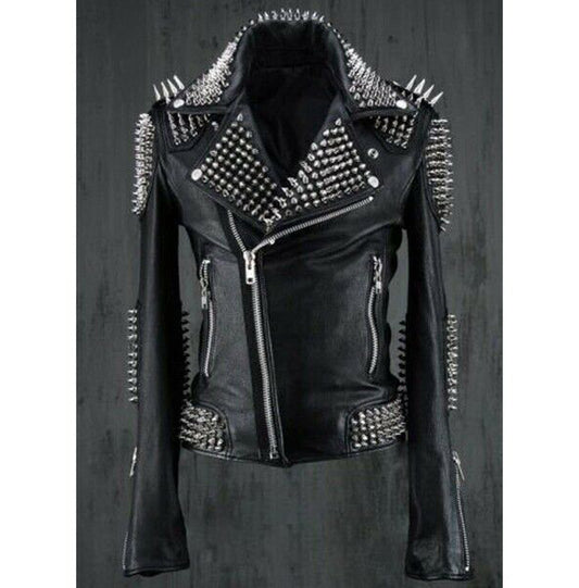 Black Punk Studded Leather Jacket - Handmade - 3amoto shop