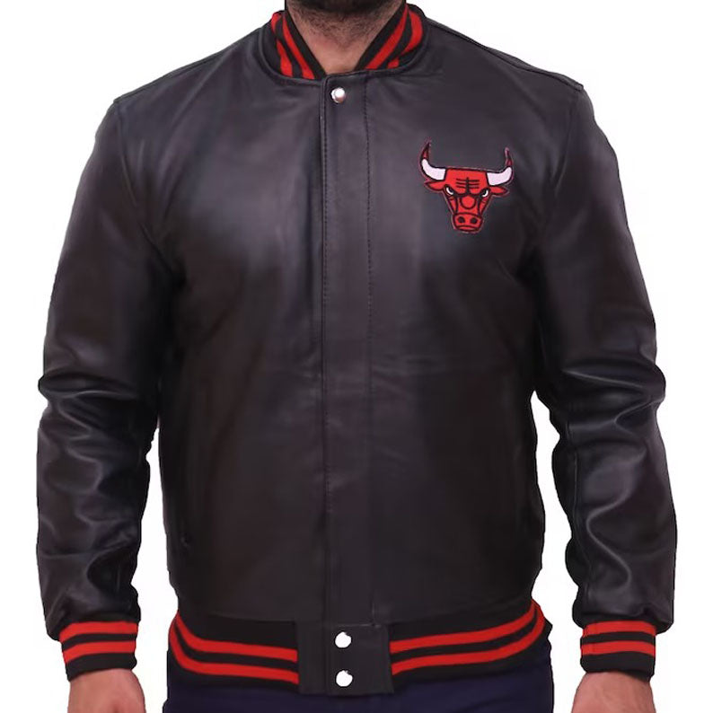 Black and Red Bull Letterman Varsity Jacket