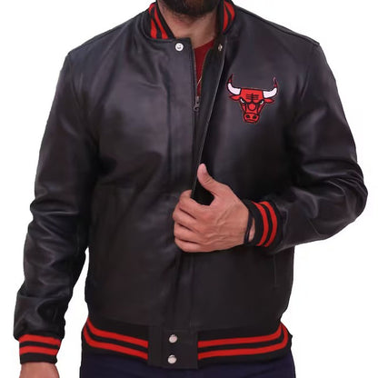 Black and Red Bull Letterman Varsity Jacket