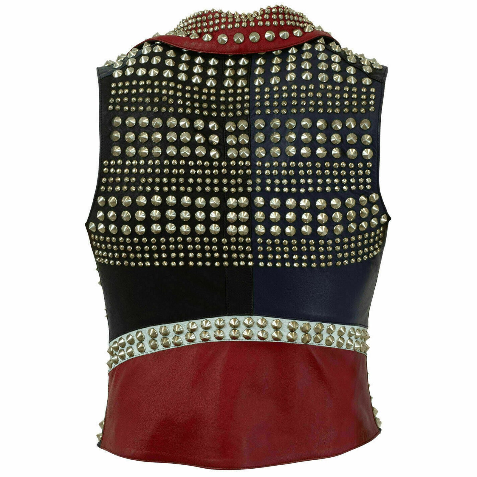 Black Red Silver Studded Punk Cowhide Biker Leather Vest