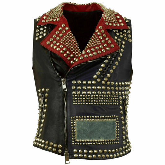 Black Red Silver Studded Punk Cowhide Biker Leather Vest - 3amoto shop