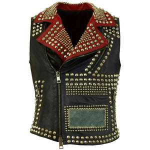 Black Red Silver Studded Punk Cowhide Biker Leather Vest
