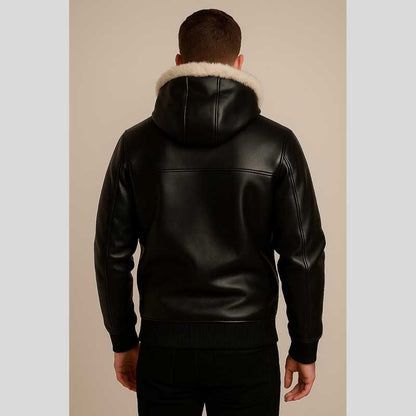Black Sheepskin Leather Hoodie Fur Hood Pullover Jacket