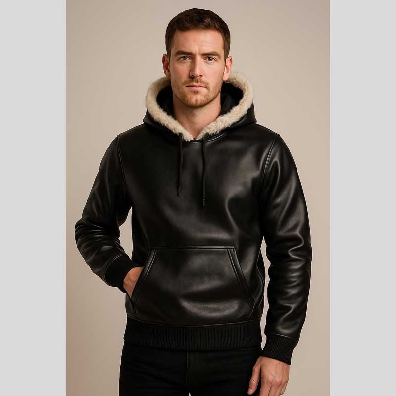 Black Sheepskin Leather Hoodie Fur Hood Pullover Jacket