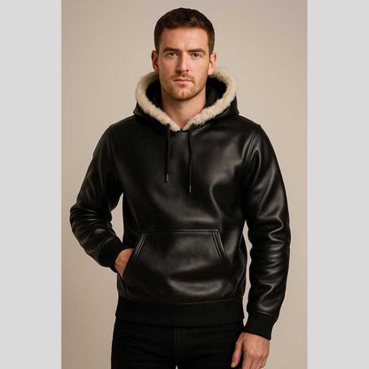 Black Sheepskin Leather Hoodie Fur Hood Pullover Jacket