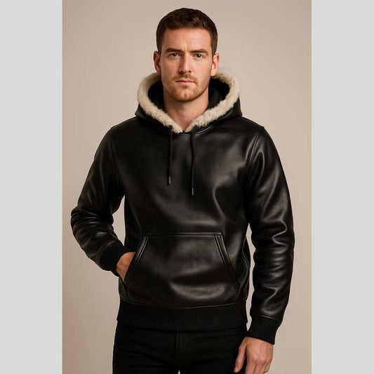 Black Sheepskin Leather Hoodie Fur Hood Pullover Jacket - 3amoto shop