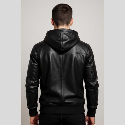 Black Sheepskin Leather Hoodie Pullover Jacket