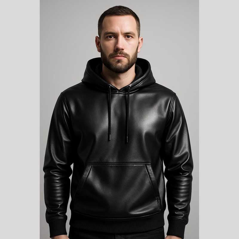 Black Sheepskin Leather Hoodie Pullover Jacket