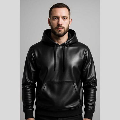 Black Sheepskin Leather Hoodie Pullover Jacket